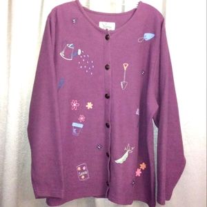 CJ Banks Purple Garden Themed Waffle Knit Cardigan Size 2X